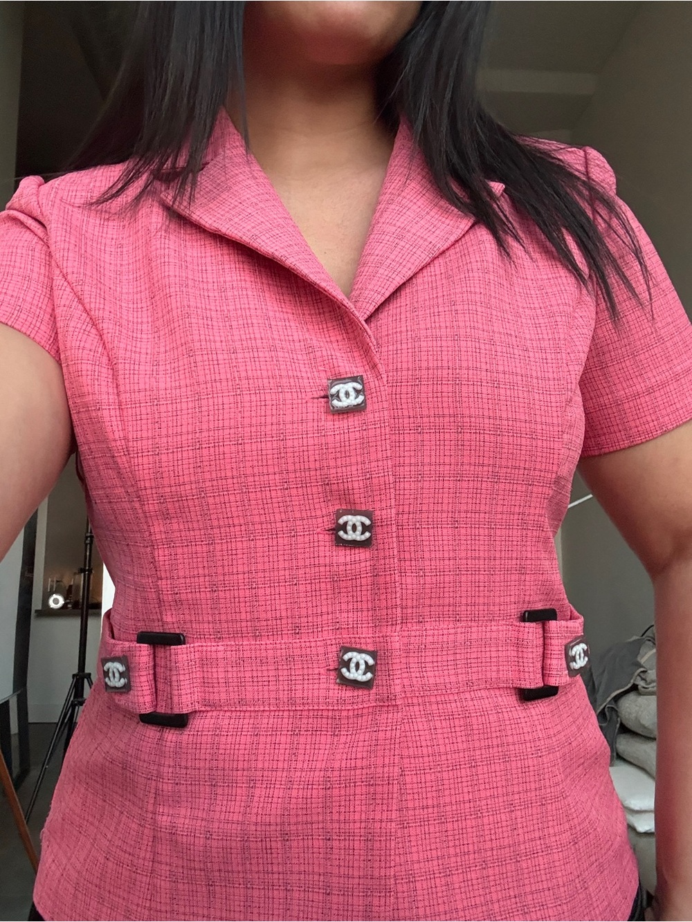 CHANEL buttons on Pink Tweed Short-Sleeve Belted too